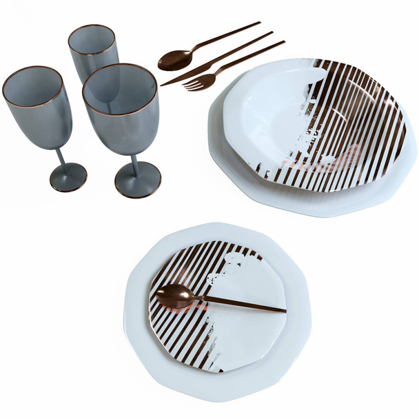 A beautiful set of dishes with a gold pattern. Isolated plates, glasses, spoons, fork, knife on the table. 3D illustration. - Фото, изображение