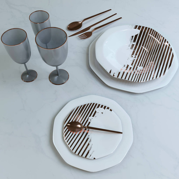 A beautiful set of dishes with a gold pattern. Plates, glasses, spoons, fork, knife on the table. 3D illustration. - Фото, изображение
