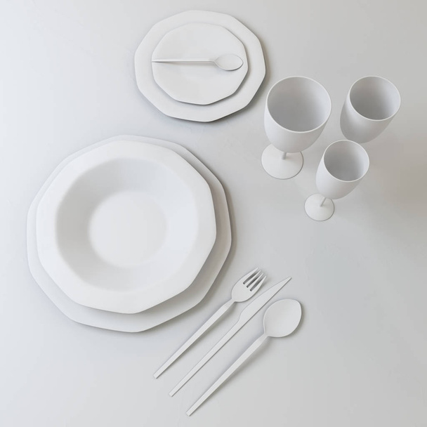 Abstract illustration of a set of dishes in white colors. Plates, glasses, spoons, fork, knife on the table. 3D illustration. - Fotó, kép