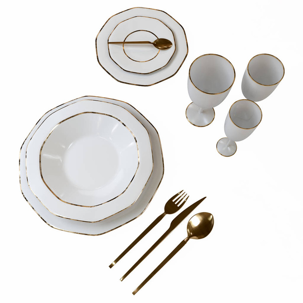 A beautiful set of dishes with a gold pattern. Isolated plates, glasses, spoons, fork, knife on the table. 3D illustration. - Foto, Imagen