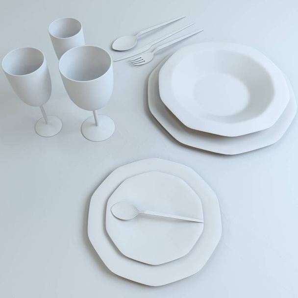 Abstract illustration of a set of dishes in white colors. Plates, glasses, spoons, fork, knife on the table. 3D illustration. - Photo, Image