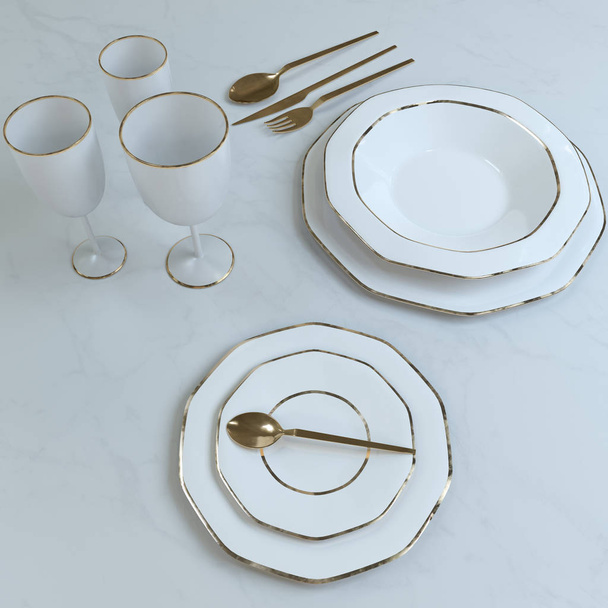 A beautiful set of dishes with a gold pattern. Plates, glasses, spoons, fork, knife on the table. 3D illustration. - Фото, зображення
