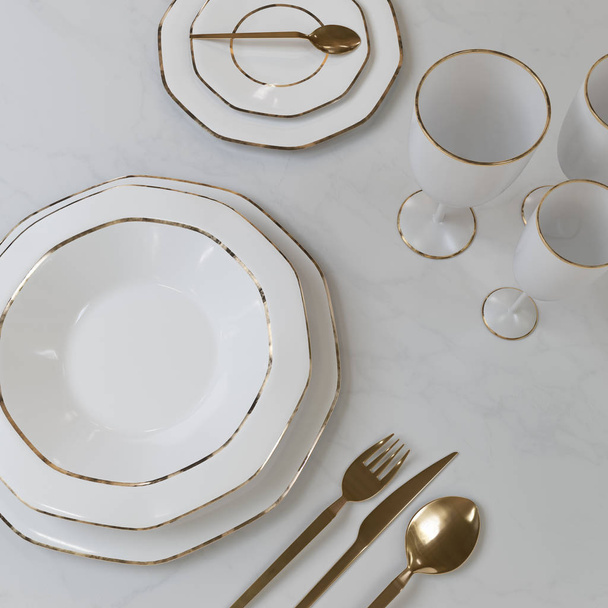A beautiful set of dishes with a gold pattern. Plates, glasses, spoons, fork, knife on the table. 3D illustration. - Foto, Imagen