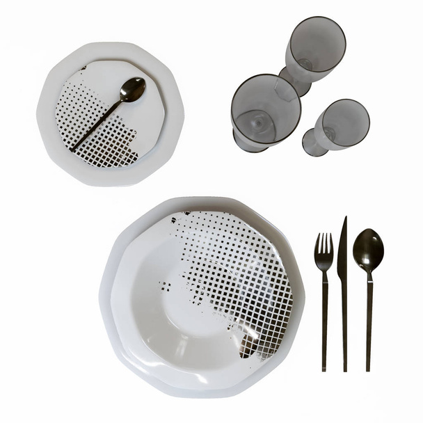 A beautiful set of dishes with a silver pattern. Isolated plates, glasses, spoons, fork, knife on the table. 3D illustration. - Фото, изображение
