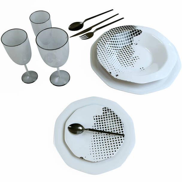 A beautiful set of dishes with a silver pattern. Isolated plates, glasses, spoons, fork, knife on the table. 3D illustration. - Photo, Image