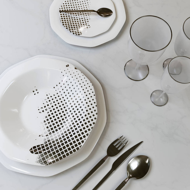 A beautiful set of dishes with a silver pattern. Plates, glasses, spoons, fork, knife on the table. 3D illustration. - Φωτογραφία, εικόνα