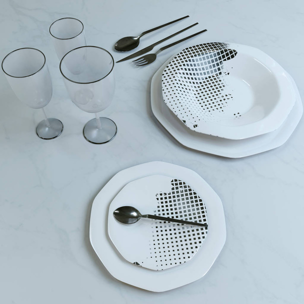 A beautiful set of dishes with a silver pattern. Plates, glasses, spoons, fork, knife on the table. 3D illustration. - Фото, изображение