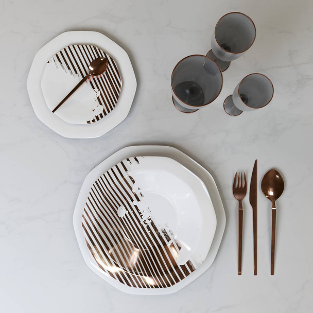 A beautiful set of dishes with a gold pattern. Plates, glasses, spoons, fork, knife on the table. 3D illustration. - Zdjęcie, obraz