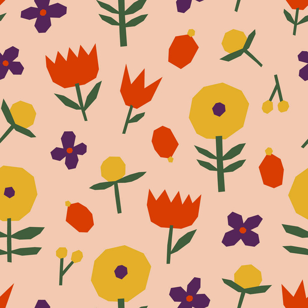Cute seamless pattern with cut out paper flowers. Floral vector background in Scandinavian style. Floral field texture - ベクター画像