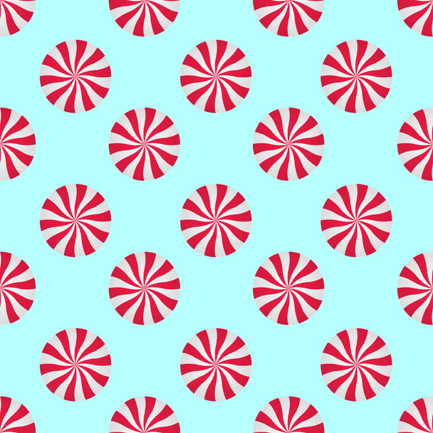 Pfefferminzbonbons Creme nahtlose Vektormuster. Rote und weiße Wirbel vereinzelt auf blauem Hintergrund. Weihnachtsbonbons - Vektor, Bild