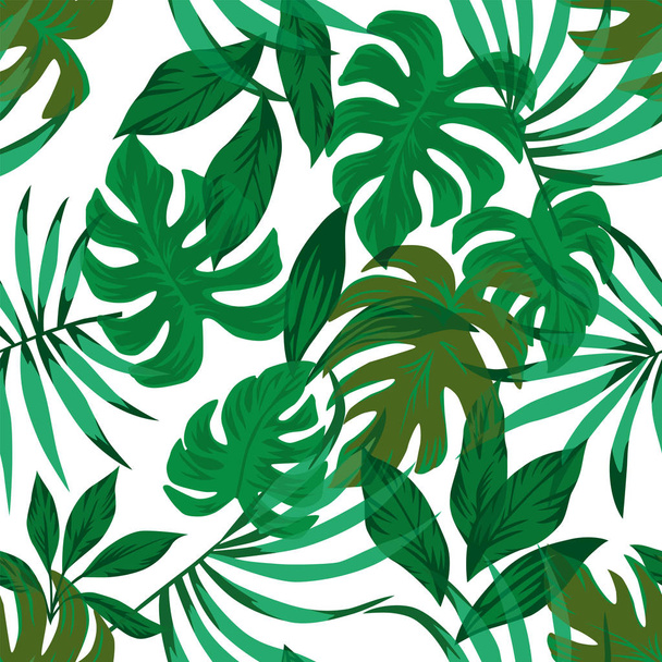 Tropical green palm, monstera leaves seamless vector pattern on the white background - Vektori, kuva