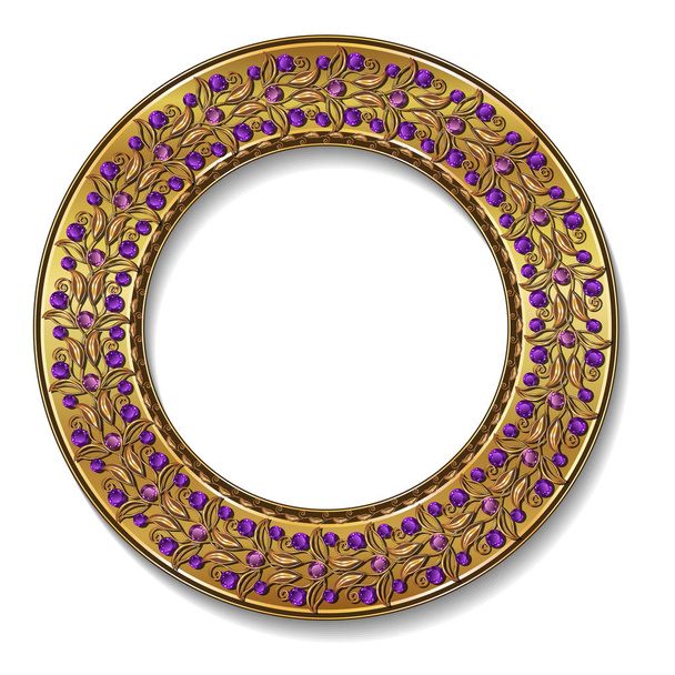 round frame gold color with amethysts on white background  - Вектор, зображення