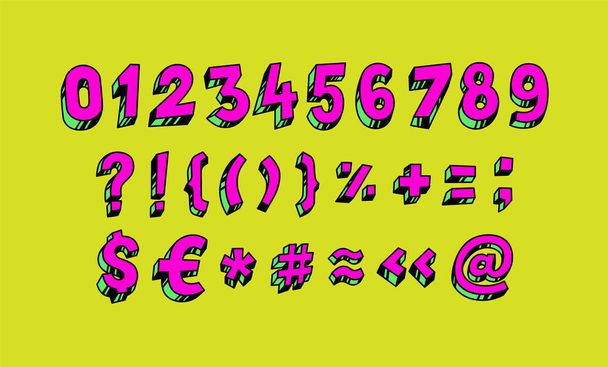 Bright Arabic numerals. Vector. Linear, contour figures. Isometry, 3D. Bulk numbers. Full set of marks and numbers. All signs are separate. Cartoon circus style. Signs of dollar and euro. - Vector, Image