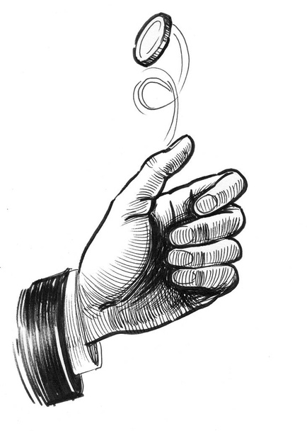 Hand omdraaien van een munt. Inkt zwart-wit tekening - Foto, afbeelding