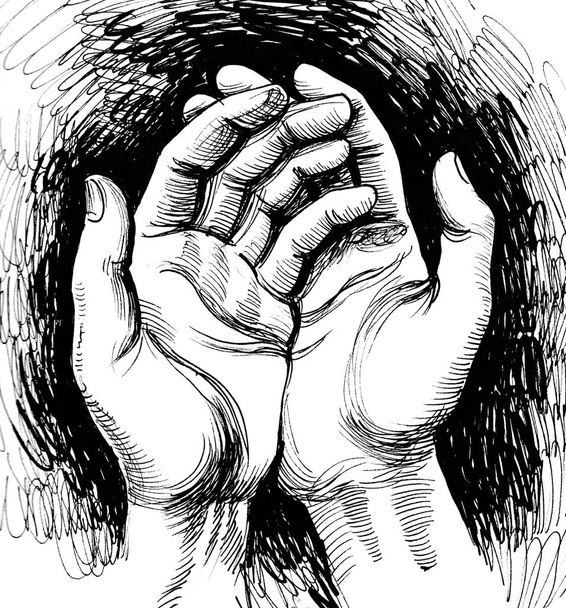 Menselijke handen. Inkt zwart-wit tekening - Foto, afbeelding