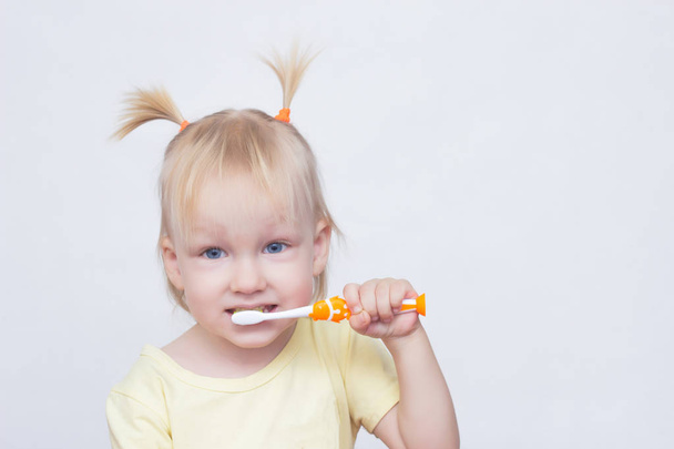 Little girl 2 years old with pigtails on her hair brushes her teeth and looks into the camera, copy space, face - Foto, imagen