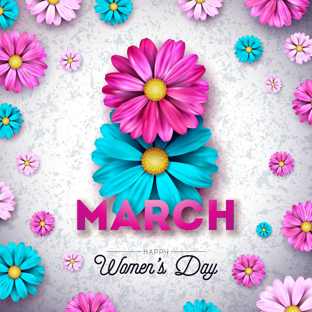 8 March. Happy Womens Day Floral Greeting card. International Holiday Illustration with Flower Design on White Background. Vector Spring Template. - Vector, Imagen