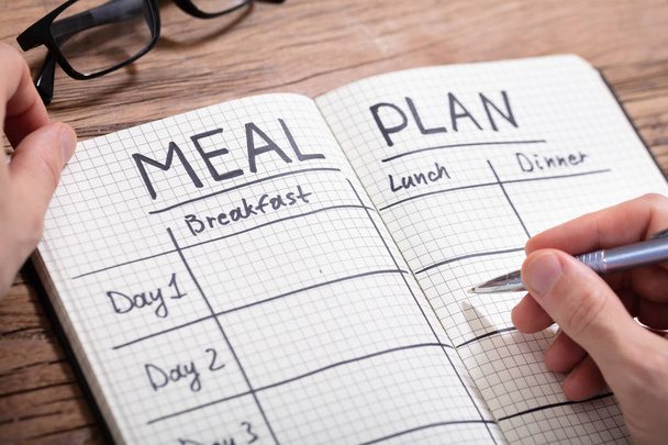Close-up Of A Human Hand Filling Meal Plan In Checkered Pattern Notebook - Foto, Bild