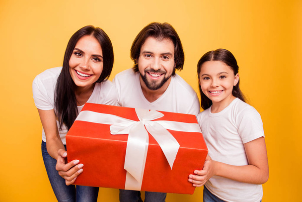 Portrait of nice cute winsome lovely charming attractive cheerful cheery positive people holding in hands large big red bow ribbon box isolated over shine vivid pastel yellow background - Fotografie, Obrázek