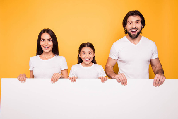 Portrait of nice charming attractive cheerful excited people dad mom holding in hands blank empty copy space place isolated over shine vivid pastel yellow background - 写真・画像