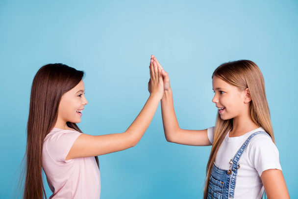 Profile side view portrait of nice-looking cute lovely sweet friendly attractive cheerful straight-haired girls standing clapping palms good decision choice siblings isolated over blue pastel - Photo, Image
