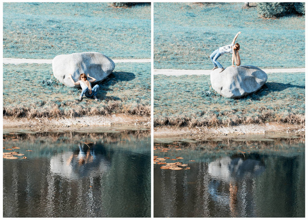 Kollaasi kaksi kuvaa - nuori valkoihoinen nainen poseeraa iso lohkare järvellä. Teal ja oranssi valokuvasuodatin
. - Valokuva, kuva