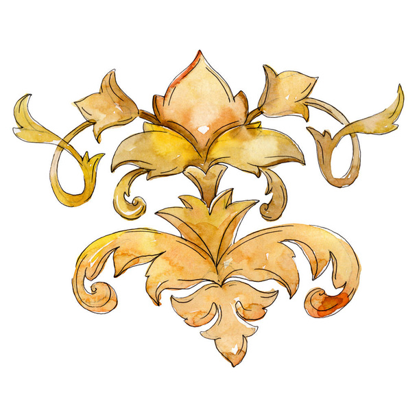 Kwiatowy ornament złota monogram. Izolowane elementy wystroju barokowym. Zestaw ilustracji tle akwarela. - Zdjęcie, obraz