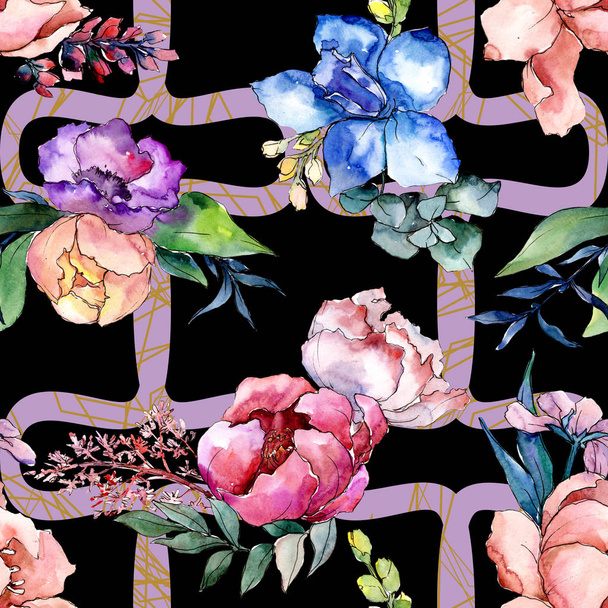 Bouquets de pivoine fleur botanique florale. Ensemble d'illustration de fond aquarelle. Modèle de fond sans couture
. - Photo, image