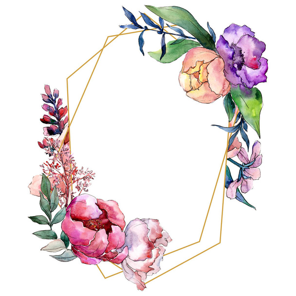 Bouquets de pivoines de fleurs botaniques. Ensemble d'illustration de fond aquarelle. Cadre bordure cristal ornement carré
. - Photo, image