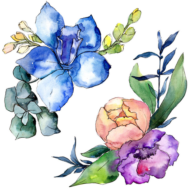 シャクヤクの花束花植物花。水彩画背景セット。孤立した花束の図要素. - 写真・画像