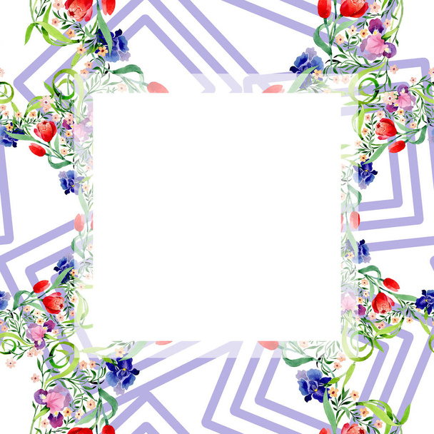 Irises and tulips ornament botanical flower. Watercolor background illustration set. Frame border ornament square. - Foto, Imagen