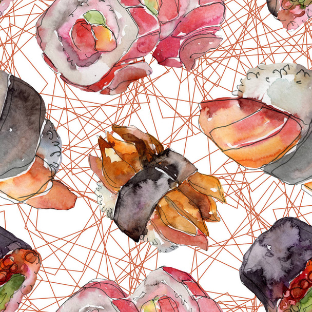 Acuarela sushi conjunto de hermosa sabrosa comida japonesa ilustración. Patrón de fondo sin costuras
. - Foto, Imagen