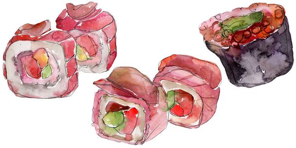 Conjunto de sushi aquarela de bela ilustração de comida japonesa saborosa. Objetos desenhados à mão isolados no fundo branco
. - Foto, Imagem