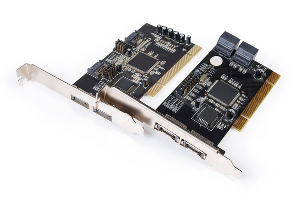 Two different used disk array controller internal cards for SATA hard disk drives and PCI bus on a white background - Photo, Image