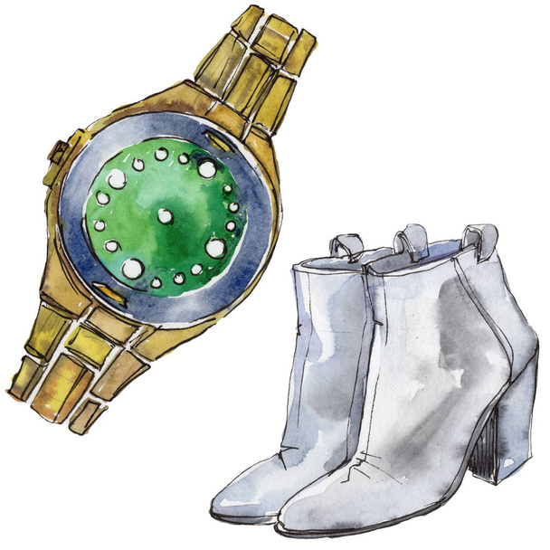 水彩風の隔離された要素する時計と靴のスケッチ グラマー図水彩ファッション背景セット. - 写真・画像
