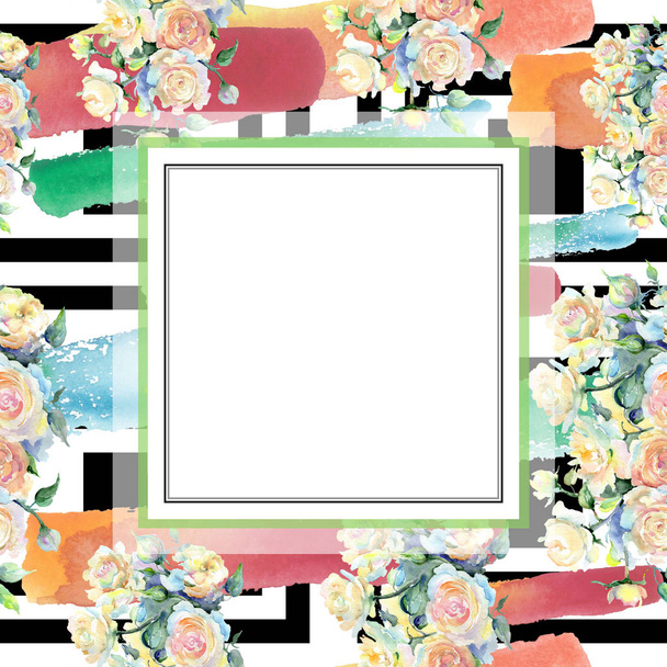 オフホワイトのバラの花束花植物花。水彩画背景イラスト セット。フレーム枠飾りスクエア. - 写真・画像