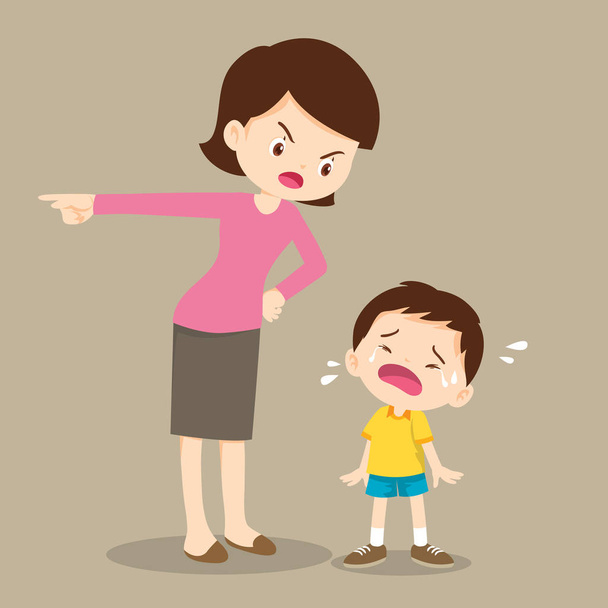 mother is scolding her son and the boy cry so sad.boy feeling guilty - Vector, Image