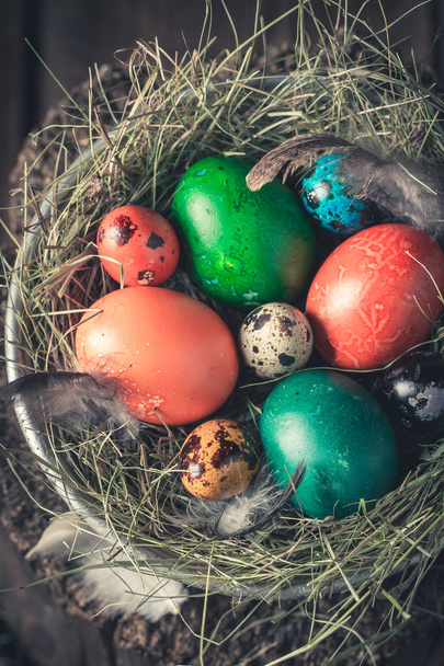 Closeup of Easter eggs with feathers and hay - Фото, изображение