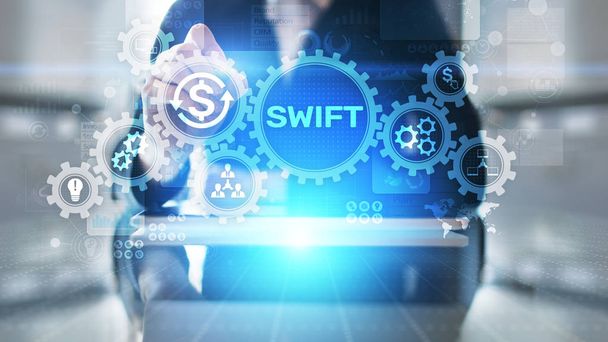 SWIFT sistema de pagamento internacional tecnologia financeira bancário e conceito de transferência de dinheiro na tela virtual. - Foto, Imagem