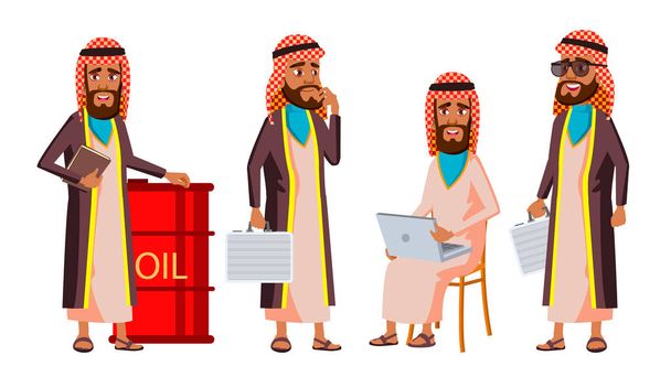 アラブのイスラム教徒の老人のポーズ設定のベクトル。高齢者。上級者。高齢者します。石油生産、シェイク、実業家。上級者。広告、プラカード、印刷、デザイン。孤立した漫画の実例 - ベクター画像
