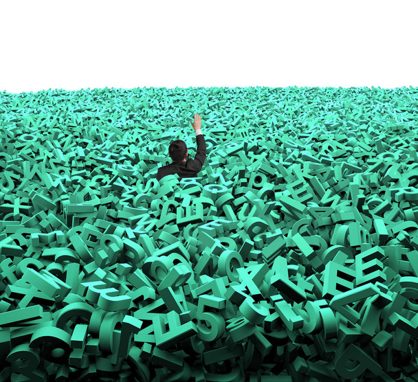 concepto de Big data, hombre de negocios estaba abrumado por la gran cantidad de letras y números verdes 3d, aislado en el fondo blanco
. - Foto, imagen