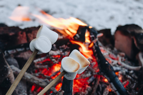 Ψημένα marshmallows σε μια πυρκαγιά σε δάσος το χειμώνα με το χιόνι στο φόντο - Φωτογραφία, εικόνα