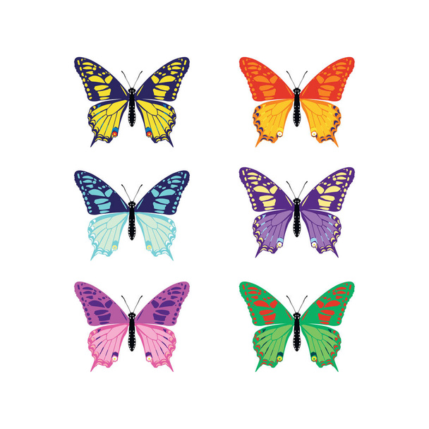 Joukko värikkäitä perhosia siluetteja kokoelma keväällä ja kesällä eri muotoja siivet. Eristetty valkoisella taustalla, kuvitus, koristeet, tatuointi. Vektoriesimerkki
 - Vektori, kuva