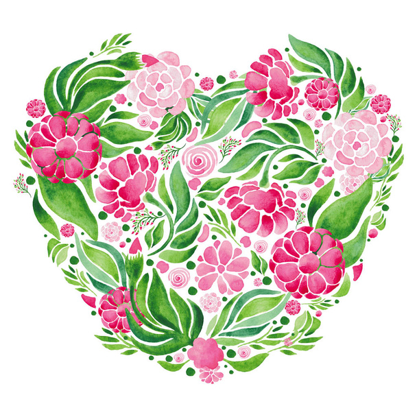 Flowers watercolor illustration pattern Set of Red flowers and green leaves on white background. - Photo, Image