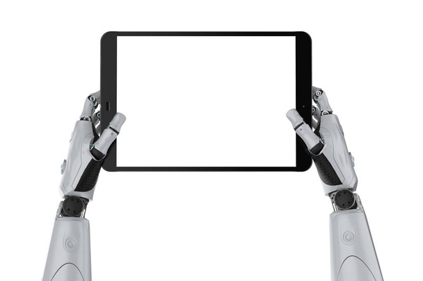 3d rendering robotic hand holding blank screen tablet isolated - Photo, Image