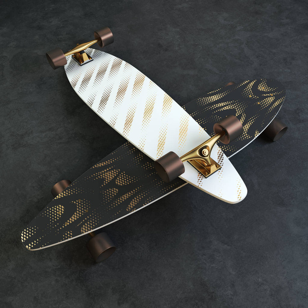 Skateboard with a white and black coloring. Longboard with gold pattern. 3D illustration - Foto, Imagem