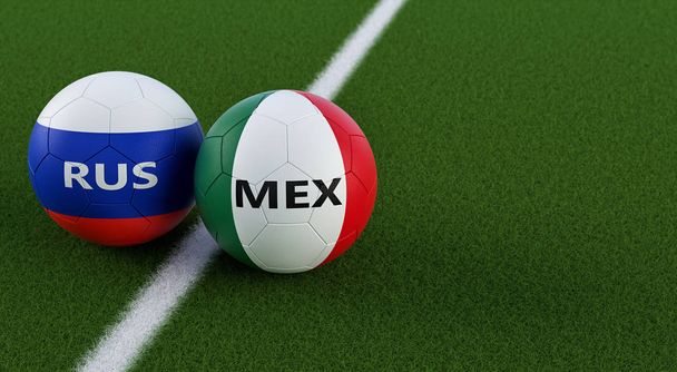 Rusland vs. Mexico voetbalwedstrijd - Soccer ballen in Russias en Mexicos nationale kleuren op een voetbalveld. Kopiëren van ruimte op de rechterkant - 3d Rendering  - Foto, afbeelding