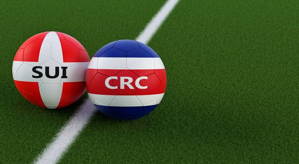 Κόστα Ρίκα vs. Ελβετία αγώνα ποδοσφαίρου - μπάλες ποδοσφαίρου στην Κόστα Ρίκα και την Ελβετική εθνική χρώματα σε ένα γήπεδο ποδοσφαίρου. Αντιγράψτε το χώρο στη δεξιά πλευρά - 3d Rendering  - Φωτογραφία, εικόνα