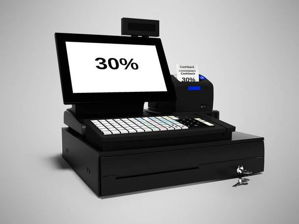 graue Kasse mit Cashback-Funktion 30 Prozent beim Drucken überprüfen 3D-Rendering auf grauem Hintergrund mit Schatten - Foto, Bild
