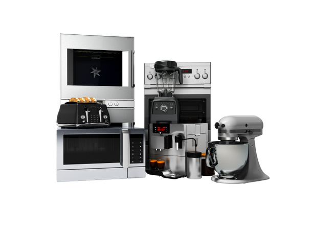 Grupo de electrodomésticos para cocina tostadora cafetera microondas procesador de alimentos licuadora 3d renderizar sobre fondo blanco sin sombra
 - Foto, imagen